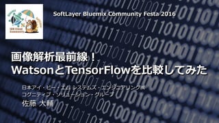 画像解析最前線！
WatsonとTensorFlowを比較してみた
日本アイ・ビー・エム システムズ・エンジニアリング㈱
コグニティブ・ソリューション・グループ
佐藤 大輔
SoftLayer Bluemix Community Festa 2016
 