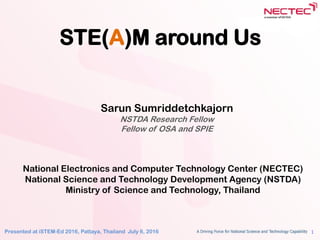 1Presented at iSTEM-Ed 2016, Pattaya, Thailand July 6, 2016
STE(A)M around Us
National Electronics and Computer Technology Center (NECTEC)
National Science and Technology Development Agency (NSTDA)
Ministry of Science and Technology, Thailand
Sarun Sumriddetchkajorn
NSTDA Research Fellow
Fellow of OSA and SPIE
 
