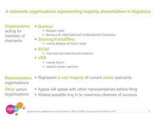 9Agreement on settlement on Fortis events in 2007 & 2008 I Announcement 14 March 2016
4 claimants organisations representing majority shareholders in litigations
 Deminor
 Belgian retail
 Benelux & international institutional investors
 Stichting FortisEffect
 mainly Belgian & Dutch retail
 SICAF
 International institutional investors
 VEB
 mainly Dutch
 retail & certain partners
 Represent a vast majority of current active claimants
 Ageas will speak with other representatives before filing
 Widest possible buy in to maximize chances of success
Organisations
acting for
interests of
claimants
Representative
organisations
Other active
organisations
 