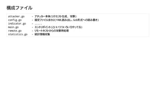 attacker.go - 本体( 生成, 攻撃)
config.go - 設定 (YAML読 出 Gob形式 読 書 )
indicator.go - .....
main.go - ( )
remote.go - 攻撃用処理
statistics.go - 統計情報収集
 