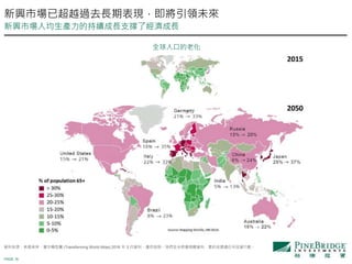 PAGE 16
強勢貨幣
公司債
1.7 兆美元
新興市場已超越過去長期表現，即將引領未來
新興市場人均生產力的持續成長支撐了經濟成長
資料來源：美銀美林、寰宇轉型圖 (Transforming World Atlas) 2016 年 3 月資料。僅供說明。我們並未根據相關資料，要約或建議任何投資行動。
全球人口的老化
 