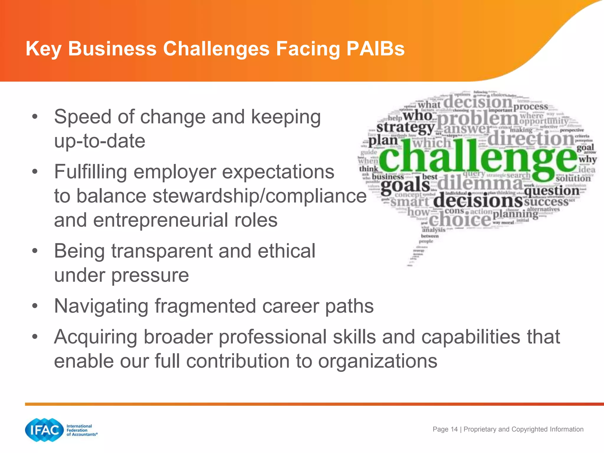 Page 14 | Proprietary and Copyrighted Information
Key Business Challenges Facing PAIBs
• Speed of change and keeping
up-to-date
• Fulfilling employer expectations
to balance stewardship/compliance
and entrepreneurial roles
• Being transparent and ethical
under pressure
• Navigating fragmented career paths
• Acquiring broader professional skills and capabilities that
enable our full contribution to organizations
 