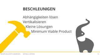 SCHNELL LIEFERN!BERATUNG JUDITH ANDRESEN 19
BESCHLEUNIGEN
Abhängigkeiten lösen
Vertikalisieren
Kleine Lösungen
Minimum Viable Product
 