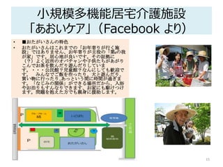 小規模多機能居宅介護施設
「あおいケア」（Facebook より）
15
• ■おたがいさんの特色
• おたがいさんはこれまでの「お年寄りが行く施
設」ではありません、お年寄りが主役の「第2の我
が家」です。居心地が良いです。その証拠に
（？）よく近所のオバチャンや子供たちがあがり
こんでお茶を飲んだり遊んだりしていま
す。・・・公民館？児童館？なんにしても歓迎で
す。 みんなでご飯を作ったり、犬と遊んだり、
買い物に行ったり…あっという間に時間が過ぎま
す。「なじみの関係」ができる場所だから、入浴
やお泊りもすんなりできます、お家にも駆けつけ
ます。問題を抱えた方でも親身に援助します。
 