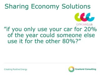 Sharing Economy Solutions
”if you only use your car for 20%
of the year could someone else
use it for the other 80%?”
 