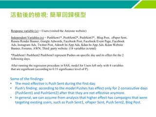 活動後的檢視: 簡單回歸模型
Some of the findings:
• The most effective is Push Sent during the first day.
• Push’s finding: according t...