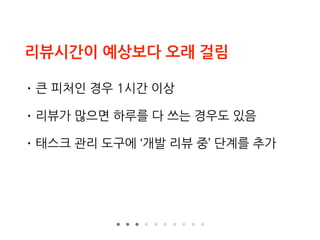 리뷰시간이 예상보다 오래 걸림
• 큰 피처인 경우 1시간 이상
• 리뷰가 많으면 하루를 다 쓰는 경우도 있음
• 태스크 관리 도구에 ‘개발 리뷰 중’ 단계를 추가
 