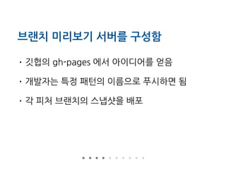 브랜치 미리보기 서버를 구성함
• 깃헙의 gh-pages 에서 아이디어를 얻음
• 개발자는 특정 패턴의 이름으로 푸시하면 됨
• 각 피처 브랜치의 스냅샷을 배포
 