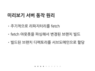 미리보기 서버 동작 원리
• 주기적으로 리파지터리를 fetch
• fetch 아웃풋을 파싱해서 변경된 브랜치 빌드
• 빌드된 브랜치 디렉토리를 서브도메인으로 할당
 