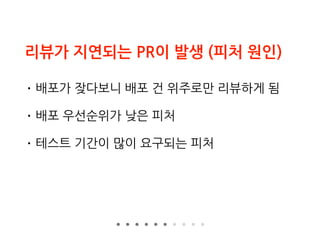 리뷰가 지연되는 PR이 발생 (피처 원인)
• 배포가 잦다보니 배포 건 위주로만 리뷰하게 됨
• 배포 우선순위가 낮은 피처
• 테스트 기간이 많이 요구되는 피처
 