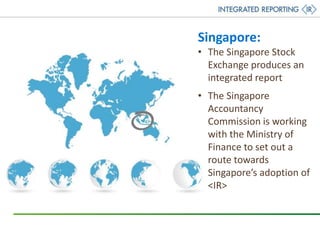 Singapore:
• The Singapore Stock
Exchange produces an
integrated report
• The Singapore
Accountancy
Commission is working
with the Ministry of
Finance to set out a
route towards
Singapore’s adoption of
<IR>
 