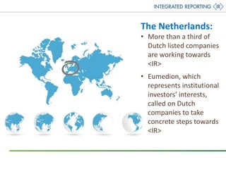 The Netherlands:
• More than a third of
Dutch listed companies
are working towards
<IR>
• Eumedion, which
represents institutional
investors’ interests,
called on Dutch
companies to take
concrete steps towards
<IR>
 