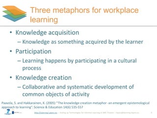 http://Learning-Layers-eu
Three metaphors for workplace
learning
7
• Knowledge acquisition
– Knowledge as something acquired by the learner
• Participation
– Learning happens by participating in a cultural
process
• Knowledge creation
– Collaborative and systematic development of
common objects of activity
Paavola, S. and Hakkarainen, K. (2005) “The knowledge creation metaphor -an emergent epistemological
approach to learning“. Science & Education 14(6) 535-557
 