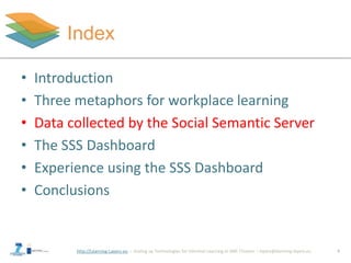 http://Learning-Layers-eu
Index
9
• Introduction
• Three metaphors for workplace learning
• Data collected by the Social Semantic Server
• The SSS Dashboard
• Experience using the SSS Dashboard
• Conclusions
 