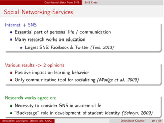 Goal-based data from SNS SNS Data
Social Networking Services
Internet + SNS
Essential part of personal life / communication
Many research works on education
Largest SNS: Facebook & Twitter (Tess, 2013)
Various results -> 2 opinions
Positive impact on learning behavior
Only communicative tool for socializing (Madge et al. 2009)
Research works agree on:
Necessity to consider SNS in academic life
“Backstage” role in development of student identity (Selwyn, 2009)
Sébastien Louvigné (Ueno lab. UEC) Doctorate Course 19 / 59
 