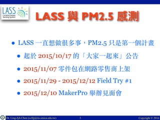 Dr. Ling-Jyh Chen (cclljj@iis.sinica.edu.tw) Copyright © 2016
LASS PM2.5
• LASS ⼀直想做很多事，PM2.5 只是第⼀個計畫
• 起於 2015/10/17 的「⼤家...