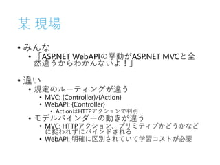 某 現場
• みんな
• 「ASP.NET WebAPIの挙動がASP.NET MVCと全
然違うからわかんないよ！」
• 違い
• 規定のルーティングが違う
• MVC: {Controller}/{Action}
• WebAPI: {Controller}
• ActionはHTTPアクションで判別
• モデルバインダーの動きが違う
• MVC: HTTPアクション、プリミティブかどうかなど
に捉われずにバインドされる
• WebAPI: 明確に区別されていて学習コストが必要
 