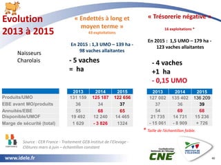 www.idele.fr
« Endettés à long et
moyen terme »
43 exploitations
En 2015 : 1,3 UMO – 139 ha -
98 vaches allaitantes
40
Pro...
