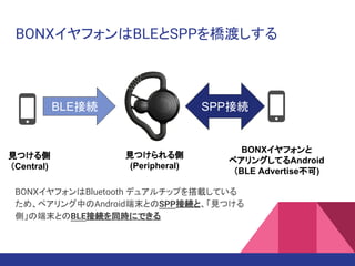 SPP接続BLE接続
見つける側
（Central)
見つけられる側
(Peripheral)
BONXイヤフォンはBluetooth デュアルチップを搭載している
ため、ペアリング中のAndroid端末とのSPP接続と、「見つける
側」の端末とのBLE接続を同時にできる
BONXイヤフォンと
ペアリングしてるAndroid
（BLE Advertise不可)
BONXイヤフォンはBLEとSPPを橋渡しする
 