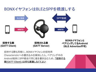 BONXイヤフォンはBLEとSPPを橋渡しする
SPP接続BLE接続
BONXイヤフォンと
ペアリングしてるAndroid
（BLE Advertise不可)
招待する際も同様に、BONXイヤフォンの招待用
Characteristicへの書き込みを検知したら、ペアリング中の
Android端末にSPP経由で同じ値を書き込むため、「招待する
側(GATT Client)」は何も意識しなくてよい
WRITE WRITE
招待する側
(GATT Client)
招待される側
(GATT Server)
 