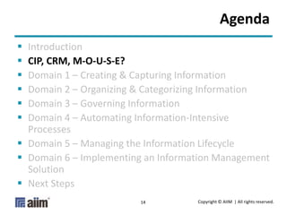 Copyright © AIIM | All rights reserved.14
Agenda
 Introduction
 CIP, CRM, M-O-U-S-E?
 Domain 1 – Creating & Capturing Information
 Domain 2 – Organizing & Categorizing Information
 Domain 3 – Governing Information
 Domain 4 – Automating Information-Intensive
Processes
 Domain 5 – Managing the Information Lifecycle
 Domain 6 – Implementing an Information Management
Solution
 Next Steps
 