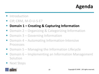 Copyright © AIIM | All rights reserved.19
Agenda
 Introduction
 CIP, CRM, M-O-U-S-E?
 Domain 1 – Creating & Capturing Information
 Domain 2 – Organizing & Categorizing Information
 Domain 3 – Governing Information
 Domain 4 – Automating Information-Intensive
Processes
 Domain 5 – Managing the Information Lifecycle
 Domain 6 – Implementing an Information Management
Solution
 Next Steps
 