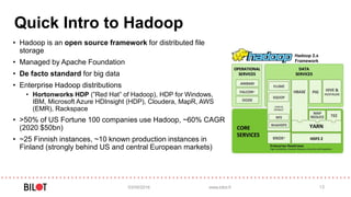 Quick Intro to Hadoop
03/05/2016 www.bilot.fi 13
• Hadoop is an open source framework for distributed file
storage
• Managed by Apache Foundation
• De facto standard for big data
• Enterprise Hadoop distributions
• Hortonworks HDP (”Red Hat” of Hadoop), HDP for Windows,
IBM, Microsoft Azure HDInsight (HDP), Cloudera, MapR, AWS
(EMR), Rackspace
• >50% of US Fortune 100 companies use Hadoop, ~60% CAGR
(2020 $50bn)
• ~25 Finnish instances, ~10 known production instances in
Finland (strongly behind US and central European markets)
Hadoop 2.x
Framework
 