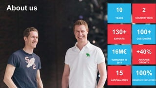 About us
130+
EXPERTS
100+
CUSTOMERS
16M€
TURNOVER IN
2014
+40%
AVERAGE
GROWTH
15
NATIONALITIES
100%
OWNED BY EMPLOYEES
10
YEARS
2
COUNTRY HQ’S
 