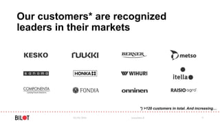 Our customers* are recognized
leaders in their markets
03/05/2016 www.bilot.fi 9
*) >120 customers in total. And increasing…
 
