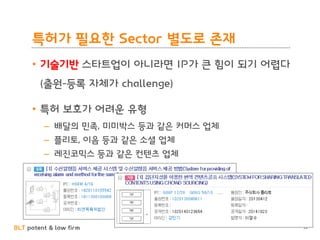 BLT patent & law firm
특허가 필요한 Sector 별도로 존재
• 기술기반 스타트업이 아니라면 IP가 큰 힘이 되기 어렵다
(출원-등록 자체가 challenge)
• 특허 보호가 어려운 유형
– 배달의 민족, 미미박스 등과 같은 커머스 업체
– 플리토, 이음 등과 같은 소셜 업체
– 레진코믹스 등과 같은 컨텐츠 업체
53
 