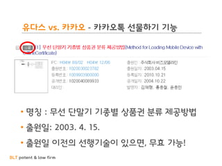 BLT patent & law firm
유다스 vs. 카카오 - 카카오톡 선물하기 기능
• 명칭 : 무선 단말기 기종별 상품권 분류 제공방법
• 출원일: 2003. 4. 15.
• 출원일 이전의 선행기술이 있으면, 무효 가능!
 