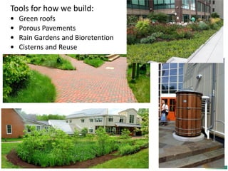 22
”
8”
Tools for how we build:
• Green roofs
• Porous Pavements
• Rain Gardens and Bioretention
• Cisterns and Reuse
 