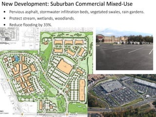 New Development: Suburban Commercial Mixed-Use
• Pervious asphalt, stormwater infiltration beds, vegetated swales, rain gardens.
• Protect stream, wetlands, woodlands.
• Reduce flooding by 33%.
 