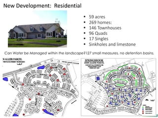 New Development: Residential
• High Density Residential
• 59 acres
• 269 homes:
• 146 Townhouses
• 96 Quads
• 17 Singles
• Sinkholes and limestone
Can Water be Managed within the landscape?127 small measures, no detention basins.
 
