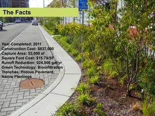 Year Completed: 2011
Construction Cost: $837,000
Capture Area: 53,000 sf
Square Foot Cost: $15.79/SF
Runoff Reduction: 924,000 gal/yr
Green Technology: Bioinfiltration
Trenches, Porous Pavement,
Native Plantings
The Facts
 