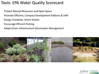 Tools: EPA Water Quality Scorecard
Protect Natural Resources and Open Space
Promote Efficient, Compact Development Patterns & Infill
Design Complete, Smart Streets
Encourage Efficient Parking
Adopt Green Infrastructure Stormwater Management
 