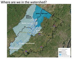 Where are we in the watershed?
Phillipsburg Town
Byram
Township
Washington Borough
Newton Town
Upper
Delaware
Watershed
Wallkill Watershed
 