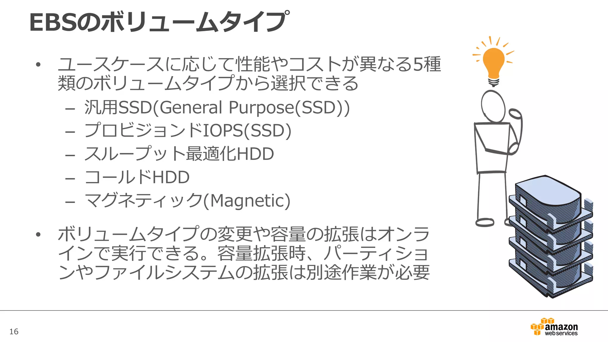 16
• ユースケースに応じて性能やコストが異なる5種
類のボリュームタイプから選択できる
– 汎⽤SSD(General Purpose(SSD))
– プロビジョンドIOPS(SSD)
– スループット最適化HDD
– コールドHDD
– マグネティック(Magnetic)
• ボリュームタイプの変更や容量の拡張はオンラ
インで実⾏できる。容量拡張時、パーティショ
ンやファイルシステムの拡張は別途作業が必要
EBSのボリュームタイプ
 