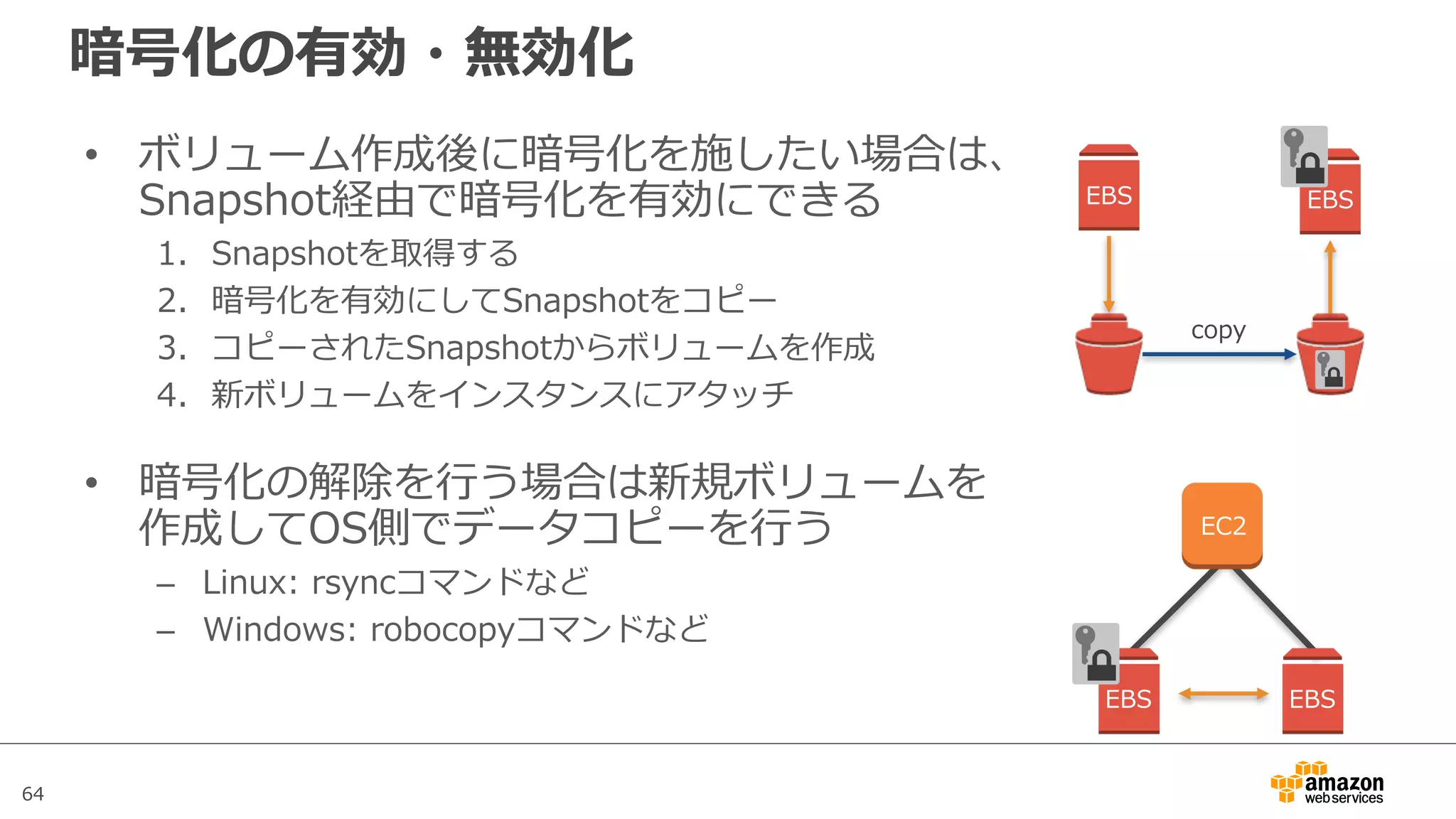64
暗号化の有効・無効化
• ボリューム作成後に暗号化を施したい場合は、
Snapshot経由で暗号化を有効にできる
1. Snapshotを取得する
2. 暗号化を有効にしてSnapshotをコピー
3. コピーされたSnapshotからボリュームを作成
4. 新ボリュームをインスタンスにアタッチ
• 暗号化の解除を⾏う場合は新規ボリュームを
作成してOS側でデータコピーを⾏う
– Linux: rsyncコマンドなど
– Windows: robocopyコマンドなど
EC2
EBS EBS
EBS EBS
copy
 