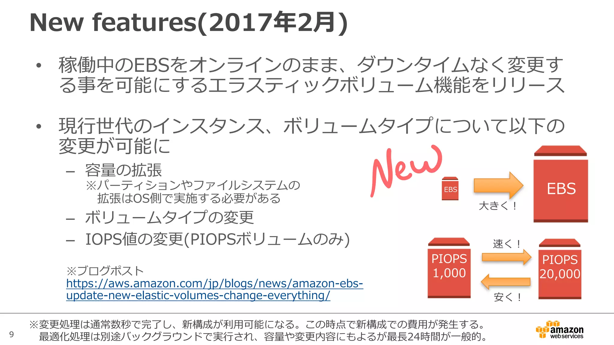 9
• 稼働中のEBSをオンラインのまま、ダウンタイムなく変更す
る事を可能にするエラスティックボリューム機能をリリース
• 現⾏世代のインスタンス、ボリュームタイプについて以下の
変更が可能に
– 容量の拡張
※パーティションやファイルシステムの
拡張はOS側で実施する必要がある
– ボリュームタイプの変更
– IOPS値の変更(PIOPSボリュームのみ)
※ブログポスト
https://aws.amazon.com/jp/blogs/news/amazon-ebs-
update-new-elastic-volumes-change-everything/
New features(2017年2⽉)
EBS EBS
⼤きく！
PIOPS
20,000
PIOPS
1,000
速く！
安く！
※変更処理は通常数秒で完了し、新構成が利⽤可能になる。この時点で新構成での費⽤が発⽣する。
最適化処理は別途バックグラウンドで実⾏され、容量や変更内容にもよるが最⻑24時間が⼀般的。
 