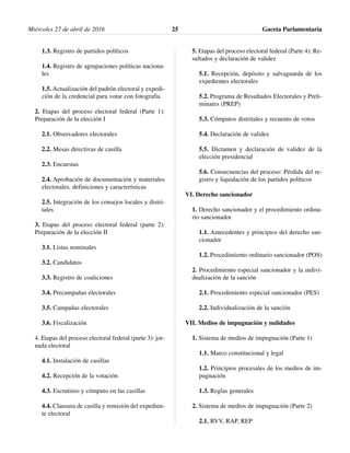 1.3. Registro de partidos políticos
1.4. Registro de agrupaciones políticas naciona-
les
1.5. Actualización del padrón electoral y expedi-
ción de la credencial para votar con fotografía
2. Etapas del proceso electoral federal (Parte 1):
Preparación de la elección I
2.1. Observadores electorales
2.2. Mesas directivas de casilla
2.3. Encuestas
2.4. Aprobación de documentación y materiales
electorales, definiciones y características
2.5. Integración de los consejos locales y distri-
tales
3. Etapas del proceso electoral federal (parte 2):
Preparación de la elección II
3.1. Listas nominales
3.2. Candidatos
3.3. Registro de coaliciones
3.4. Precampañas electorales
3.5. Campañas electorales
3.6. Fiscalización
4. Etapas del proceso electoral federal (parte 3): jor-
nada electoral
4.1. Instalación de casillas
4.2. Recepción de la votación
4.3. Escrutinio y cómputo en las casillas
4.4. Clausura de casilla y remisión del expedien-
te electoral
5. Etapas del proceso electoral federal (Parte 4): Re-
sultados y declaración de validez
5.1. Recepción, depósito y salvaguarda de los
expedientes electorales
5.2. Programa de Resultados Electorales y Preli-
minares (PREP)
5.3. Cómputos distritales y recuento de votos
5.4. Declaración de validez
5.5. Dictamen y declaración de validez de la
elección presidencial
5.6. Consecuencias del proceso: Pérdida del re-
gistro y liquidación de los partidos políticos
VI. Derecho sancionador
1. Derecho sancionador y el procedimiento ordina-
rio sancionador
1.1. Antecedentes y principios del derecho san-
cionador
1.2. Procedimiento ordinario sancionador (POS)
2. Procedimiento especial sancionador y la indivi-
dualización de la sanción
2.1. Procedimiento especial sancionador (PES)
2.2. Individualización de la sanción
VII. Medios de impugnación y nulidades
1. Sistema de medios de impugnación (Parte 1)
1.1. Marco constitucional y legal
1.2. Principios procesales de los medios de im-
pugnación
1.3. Reglas generales
2. Sistema de medios de impugnación (Parte 2)
2.1. RVV, RAP, REP
Miércoles 27 de abril de 2016 Gaceta Parlamentaria25
 