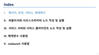 Index
I. 메시지, 토픽, 서비스, 매개변수
II. 퍼블리셔와 서브스크라이버 노드 작성 및 실행
III. 서비스 서버와 서비스 클라이언트 노드 작성 및 실행
IV. 매개변수 사용법
V. roslaunch 사용법
4
 