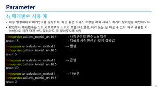 Parameter
4) 매개변수 사용 예
• 다음 명령어대로 매개변수를 설정하여, 매번 같은 서비스 요청을 하여 서비스 처리가 달라짐을 확인해보자.
• ROS에서 매개변수는 노드 외부로부터 노드의 흐름이나 설정, 처리 등을 을 바꿀 수 있다. 매우 유용한 기
능이므로 지금 당장 쓰지 않더라도 꼭 알아두도록 하자.
50
$ rosservice call /ros_tutorial_srv 10 5 → 사칙연산의 변수 a, b 입력
result: 15 → 디폴트 사칙연산인 덧셈 결괏값
$ rosparam set /calculation_method 2 → 뺄셈
$ rosservice call /ros_tutorial_srv 10 5
result: 5
$ rosparam set /calculation_method 3 → 곱셈
$ rosservice call /ros_tutorial_srv 10 5
result: 50
$ rosparam set /calculation_method 4 → 나눗셈
$ rosservice call /ros_tutorial_srv 10 5
result: 2
 