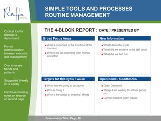 SIMPLE TOOLS AND PROCESSES
ROUTINE MANAGEMENT
Cyclical tool to
manage a
department
Formal
communication
between execution
and management
Over time see
trends and
patterns
Suggested Weekly
or bi weekly
Can have meeting
notes on reverse
or second page
Presentation Title / Page 10
Broad Focus Areas
■ What’s Important in the function at the
moment
■ Where are we spending time money
and effort
New Information
■ What’s New this cycle
■ What did we achieve in the last cycle
■ What did we find out
Targets for this cycle / week
■ What are we going to get done
■ Who is doing it
■ What’s the status of ongoing efforts
Open items / Roadblocks
■ Open Decisions
■ Things I am waiting for others (who)
on
■ Carried forward open issues
THE 4-BLOCK REPORT : DATE / PRESENTED BY
 