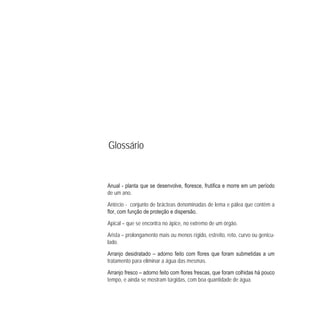 -
de um ano.
Antécio - conjunto de brácteas denominadas de lema e pálea que contêm a
Apical – que se encontra no ápice, no extremo de um órgão.
Arista – prolongamento mais ou menos rígido, estreito, reto, curvo ou genicu-
lado.
tratamento para eliminar a água das mesmas.
tempo, e ainda se mostram túrgidas, com boa quantidade de água.
Glossário
 