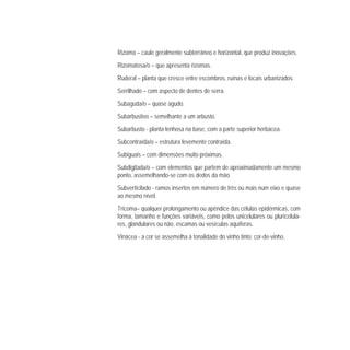 Rizoma – caule geralmente subterrâneo e horizontal, que produz inovações.
Rizomatosa/o – que apresenta rizomas.
Ruderal – planta que cresce entre escombros, ruínas e locais urbanizados.
Serrilhado – com aspecto de dentes de serra.
Subaguda/o – quase agudo.
Subarbustivo – semelhante a um arbusto.
Subarbusto - planta lenhosa na base, com a parte superior herbácea.
Subcontraída/o – estrutura levemente contraída.
Subiguais – com dimensões muito próximas.
Subdigitada/o – com elementos que partem de aproximadamente um mesmo
ponto, assemelhando-se com os dedos da mão.
Subverticilado - ramos insertos em número de três ou mais num eixo e quase
ao mesmo nível.
Tricoma– qualquer prolongamento ou apêndice das células epidérmicas, com
forma, tamanho e funções variáveis, como pelos unicelulares ou pluricelula-
res, glandulares ou não, escamas ou vesículas aquíferas.
Vinácea - a cor se assemelha à tonalidade do vinho tinto; cor-de-vinho.
 