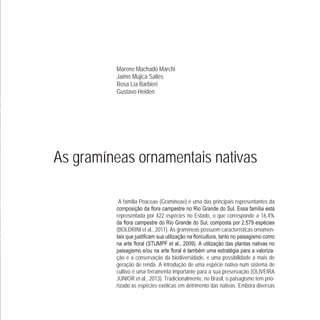Marene Machado Marchi
Jaime Mujica Sallés
Rosa Lía Barbieri
Gustavo Heiden
As gramíneas ornamentais nativas
A família Poaceae (Gramineae) é uma das principais representantes da
representada por 422 espécies no Estado, o que corresponde a 16,4%
579
(BOLDRINI et al., 2011). As gramíneas possuem características ornamen-
009
-
ção e a conservação da biodiversidade, e uma possibilidade a mais de
geração de renda. A introdução de uma espécie nativa num sistema de
cultivo é uma ferramenta importante para a sua preservação (OLIVEIRA
JUNIOR et al., 2013). Tradicionalmente, no Brasil, o paisagismo tem prio-
rizado as espécies exóticas em detrimento das nativas. Embora diversas
 