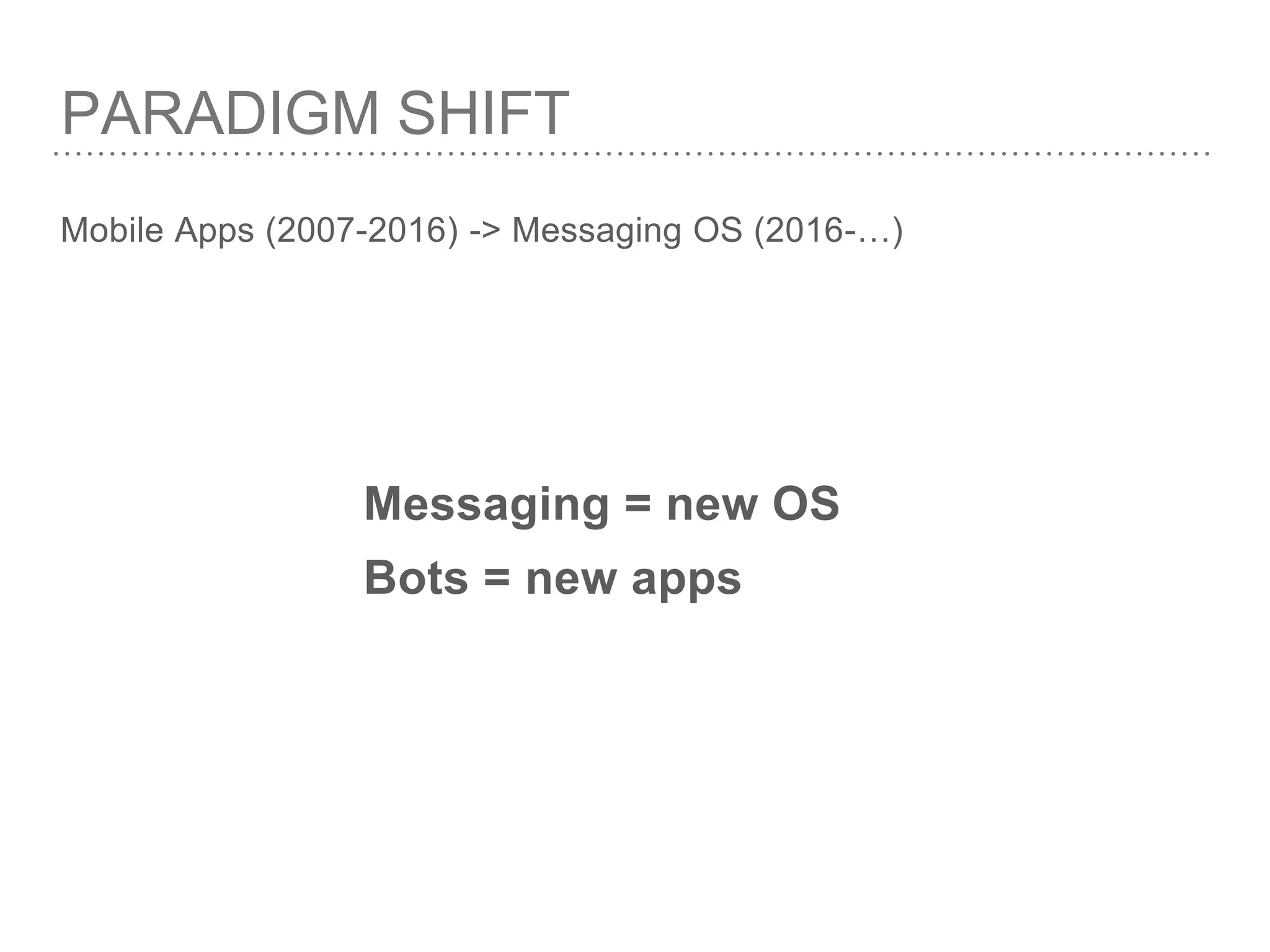PARADIGM SHIFT
Messaging = new OS
Bots = new apps
Mobile Apps (2007-2016) -> Messaging OS (2016-…)
 
