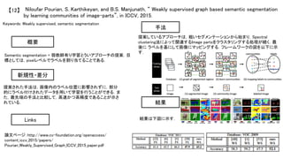Keywords: Weakly supervised, semantic segmentation	
新規性・差分	
手法	
結果	
概要	
Semantic segmentation + 弱教師有り学習とういアプローチの提案．目
標としては，pixelレベルでラベルを割り当てることである．	
	
	
提案された手法は，画像内のラベル位置に影響されずに，部分
的にラベル付けされたデータを用いて学習を行うことができる．ま
た，最先端の手法と比較して，高速かつ高精度であることが示さ
れている．	
	
提案しているアプローチは，粗いセグメンテーションから始まり，Spectral
clustering法によって関連するImage partsをクラスタリングする処理が続く．最
後に ラベルを基にして画像にマッピングする．フレームワークの図を以下に示
す．	
	
	
結果は下図に示す．	
Niloufar Pourian, S. Karthikeyan, and B.S. Manjunath, “ Weakly supervised graph based semantic segmentation
by learning communities of image-parts”, in ICCV, 2015.	
【12】	
Links	
論文ページ：http://www.cv-foundation.org/openaccess/
content_iccv_2015/papers/
Pourian_Weakly_Supervised_Graph_ICCV_2015_paper.pdf	
	
 