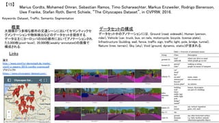 Marius Cordts, Mohamed Omran, Sebastian Ramos, Timo Scharwachter, Markus Enzweiler, Rodrigo Benenson,
Uwe Franke, Stefan Roth, Bernt Schiele, “The Cityscapes Dataset”, in CVPRW, 2016.	
【15】	
Keywords: Dataset, Traffic, Semantic Segmentation	
データセットの構成	概要	
大規模かつ多様な都市の交通シーンにおいてセマンティックセ
グメンテーションや物体検出などのデータセットを提供する．
データは主にヨーロッパの50の都市においてアノテーションされ
た5,000枚(pixel-level)，20,000枚(weakly-annotated)の画像で
構成される．	
データセット中のアノテーションには，Ground (road, sidewalk), Human (person,
rider), Vehicle (car, truck, bus, on rails, motorcycle, bicycle, license plate),
Infrastructure (building, wall, fence, traffic sign, traffic light, pole, bridge, tunnel),
Nature (tree, terrain), Sky (sky), Void (ground, dynamic, static)が含まれる．	
Links	
論文
http://www.visinf.tu-darmstadt.de/media/
visinf/vi_papers/2015/cordts-cvprws.pdf	
プロジェクト
https://www.cityscapes-dataset.com/	
 